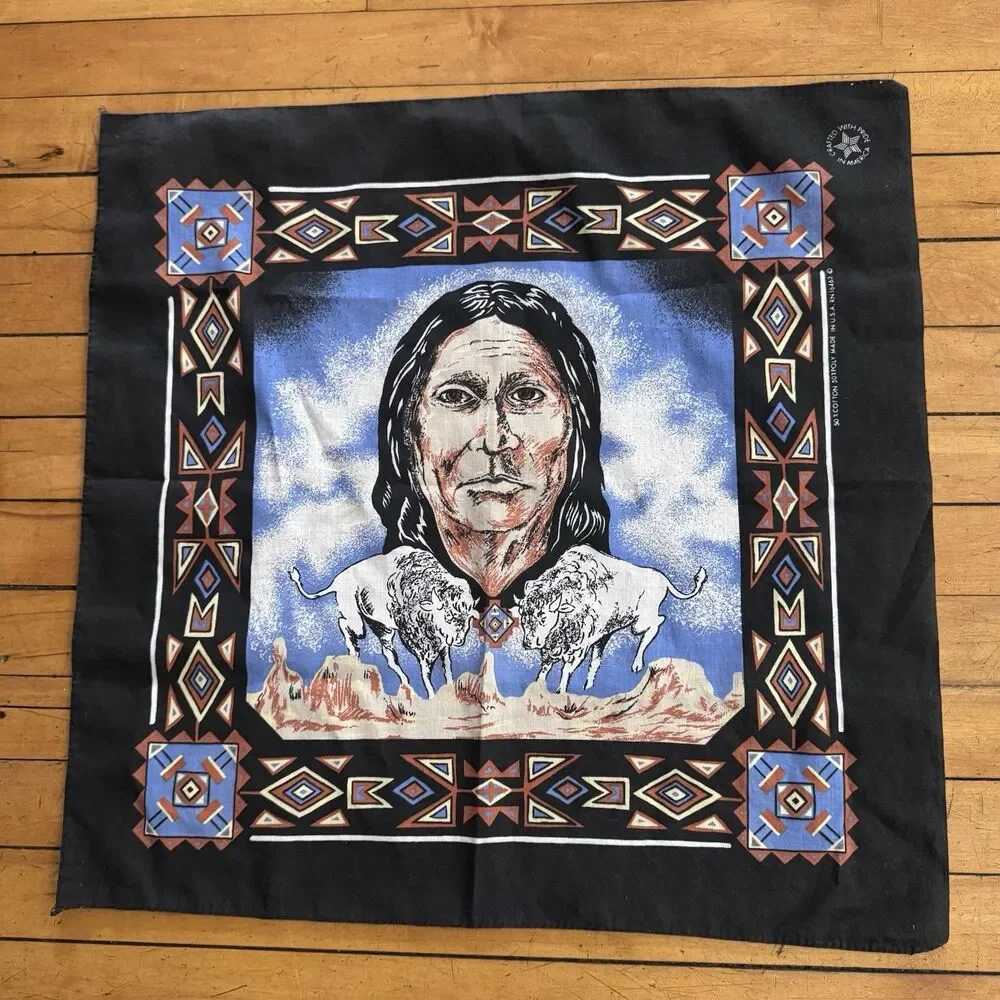Vintage Bandana Native American Ram Southwestern  Aztec Tribal 80s USA Black Vtg